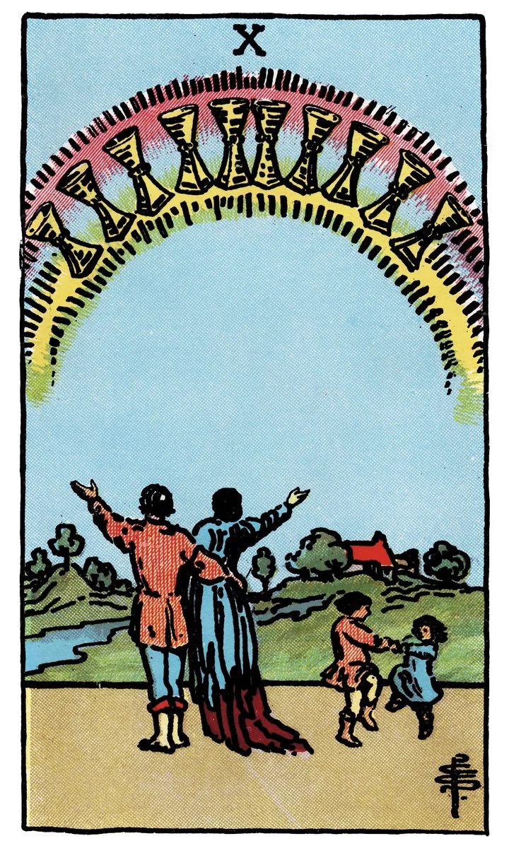 Ten of Cups tarot card - represents emotional fulfillment, family harmony, and happiness