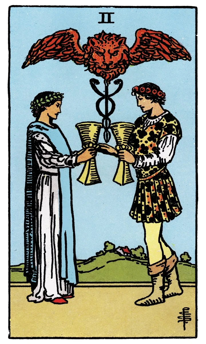Two of Cups tarot card - represents partnership, unity, and mutual attraction