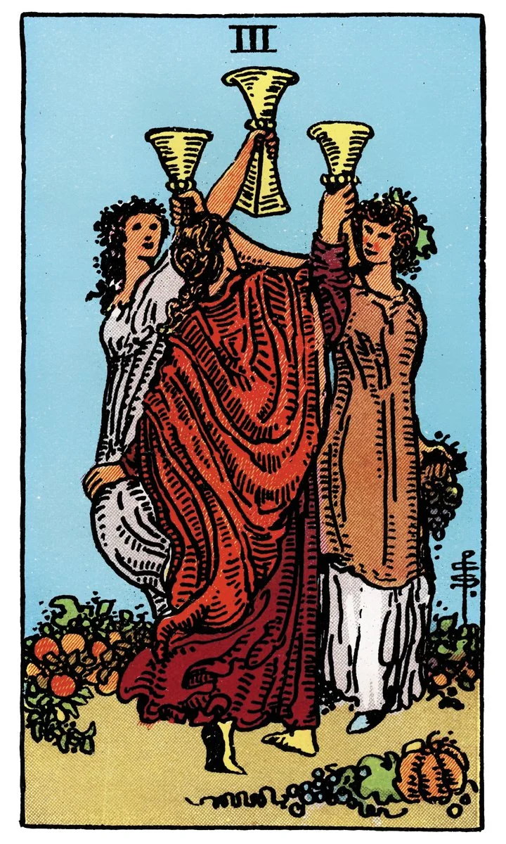 Three of Cups tarot card - represents celebration, friendship, and community