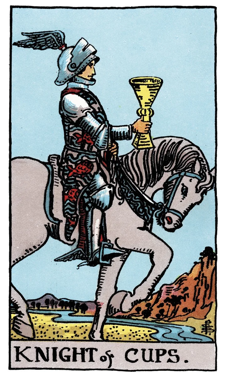 Knight of Cups tarot card - represents romance, charm, and following the heart