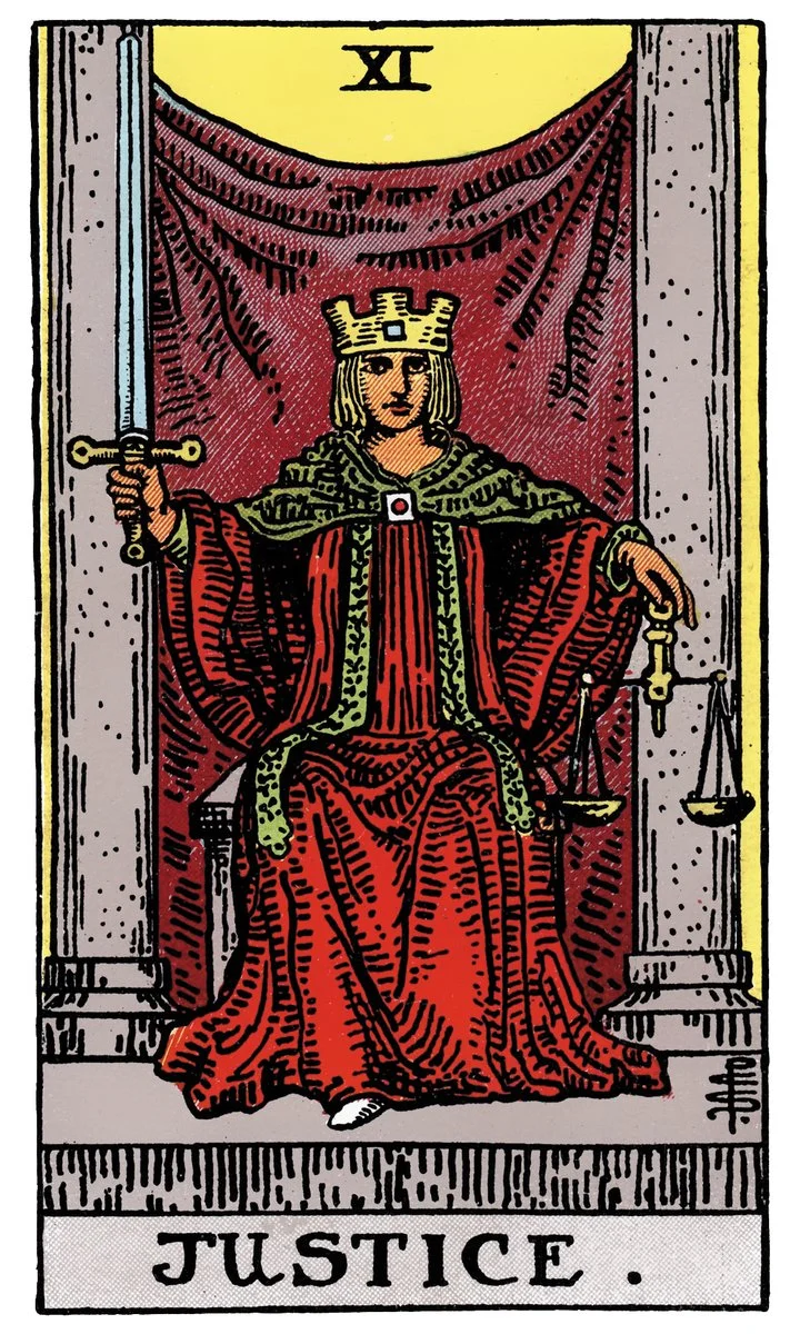 Justice tarot card - represents fairness, truth, and cause and effect