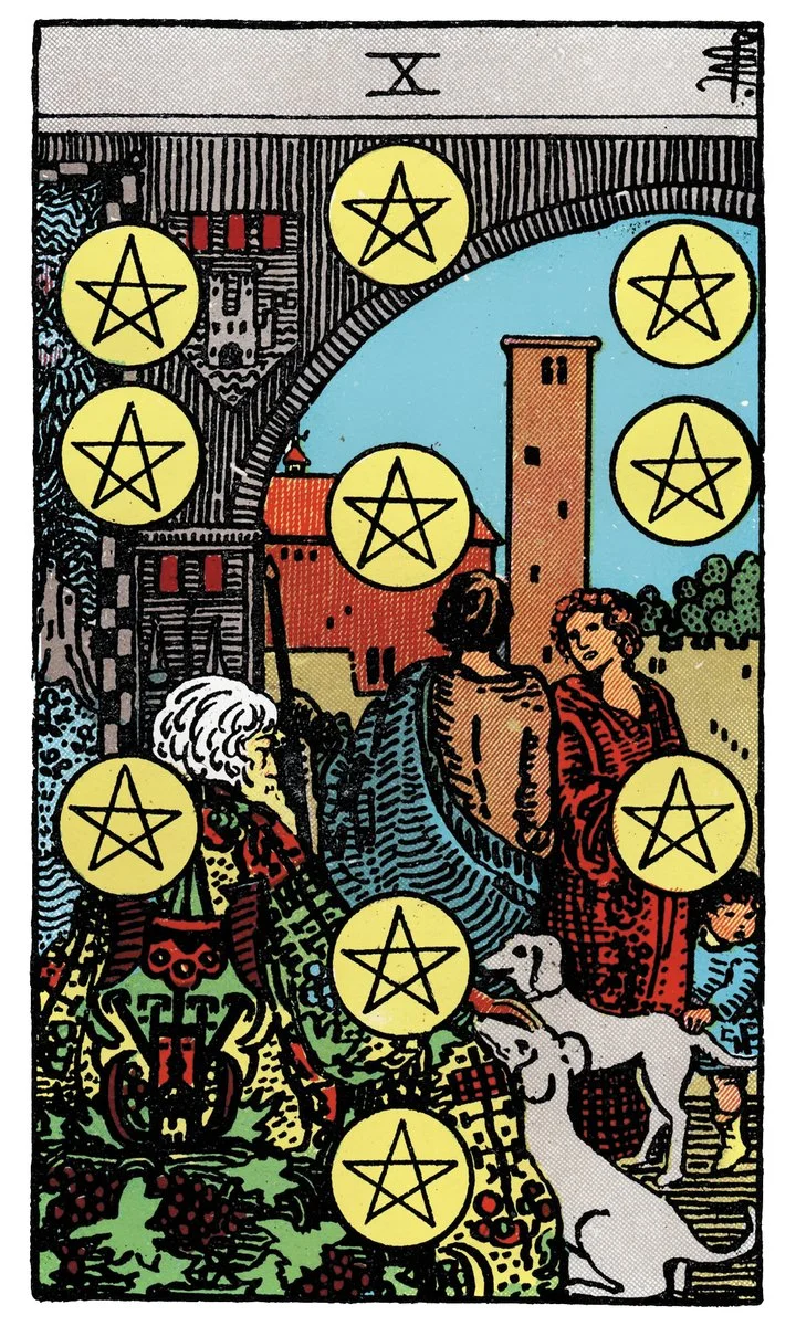Ten of Pentacles tarot card - represents wealth, family legacy, and long-term success