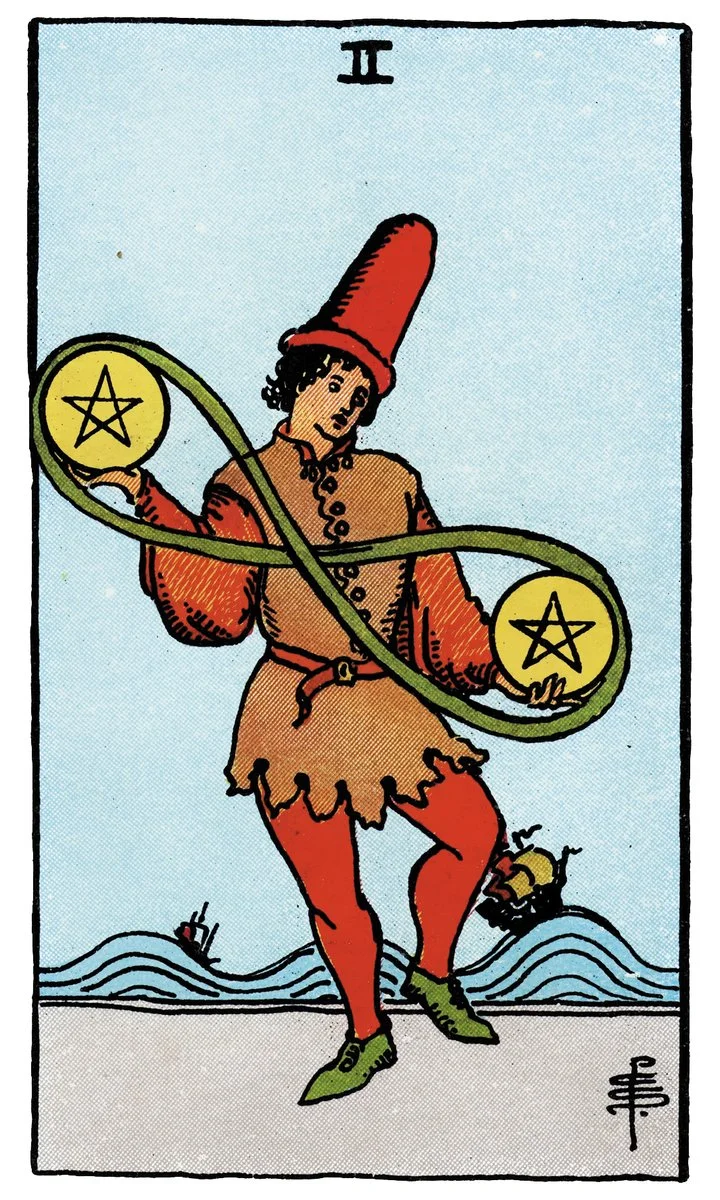 Two of Pentacles tarot card - represents balance, adaptability, and time management