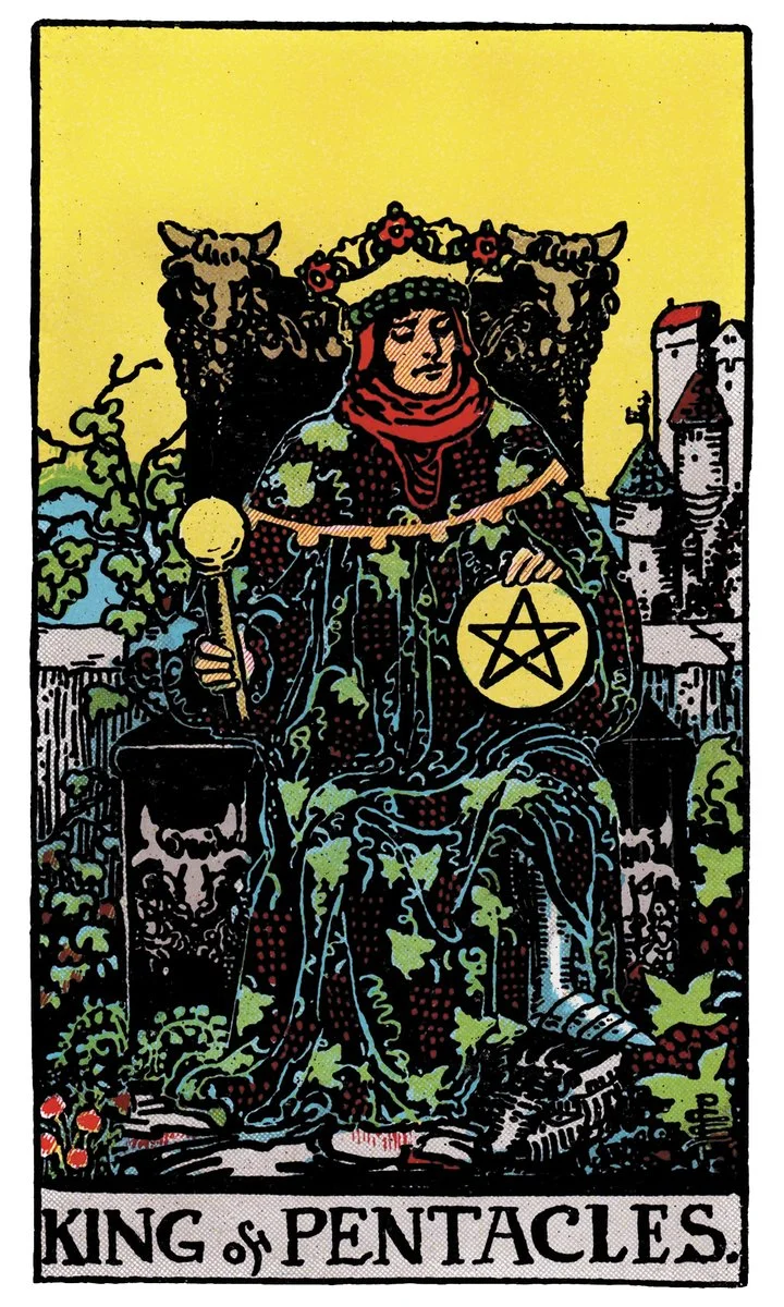 King of Pentacles tarot card - represents wealth, business success, and security