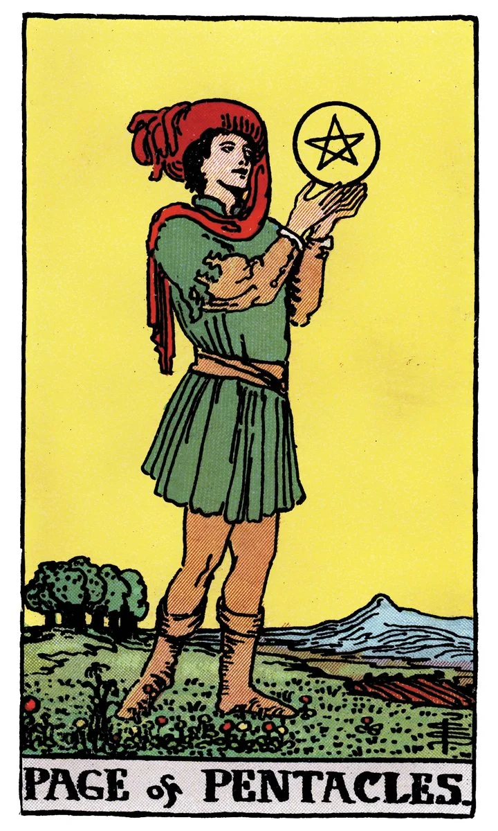 Page of Pentacles tarot card - represents study, opportunity, and manifestation