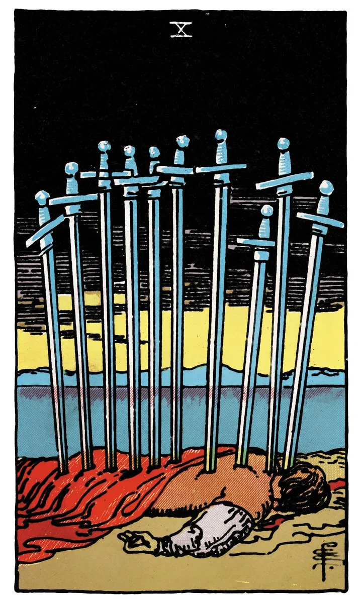 Ten of Swords tarot card - represents endings, betrayal, and rock bottom