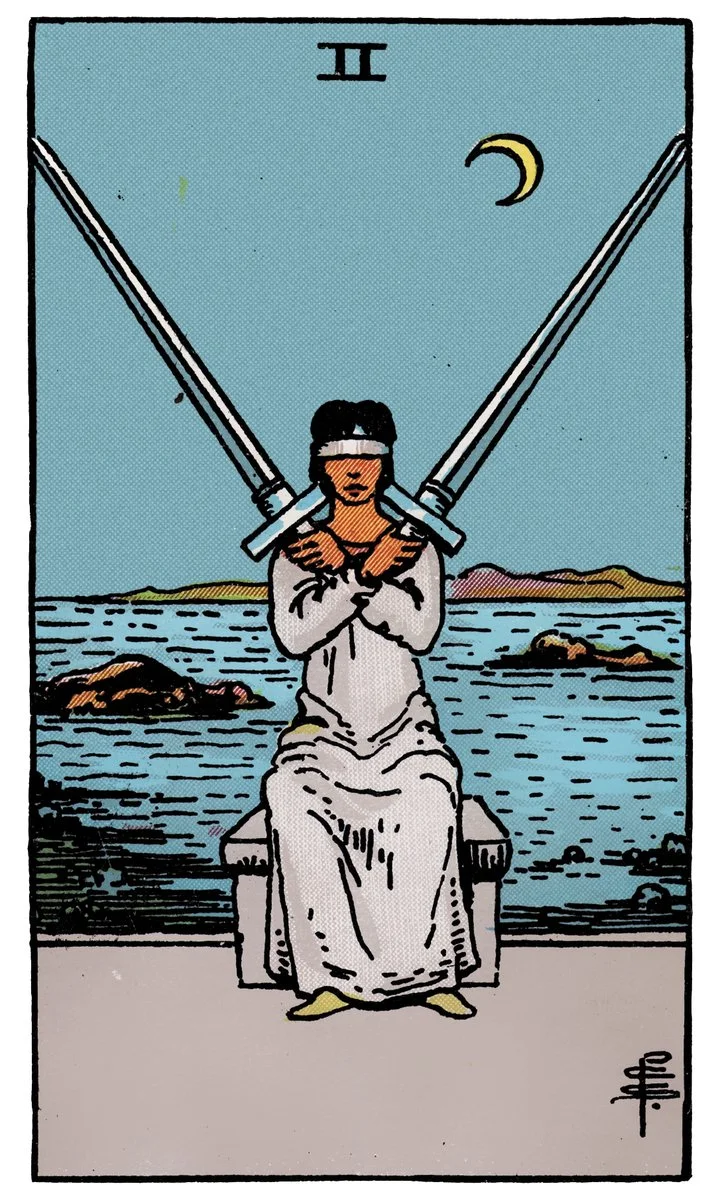 Two of Swords tarot card - represents difficult decisions, stalemate, and indecision