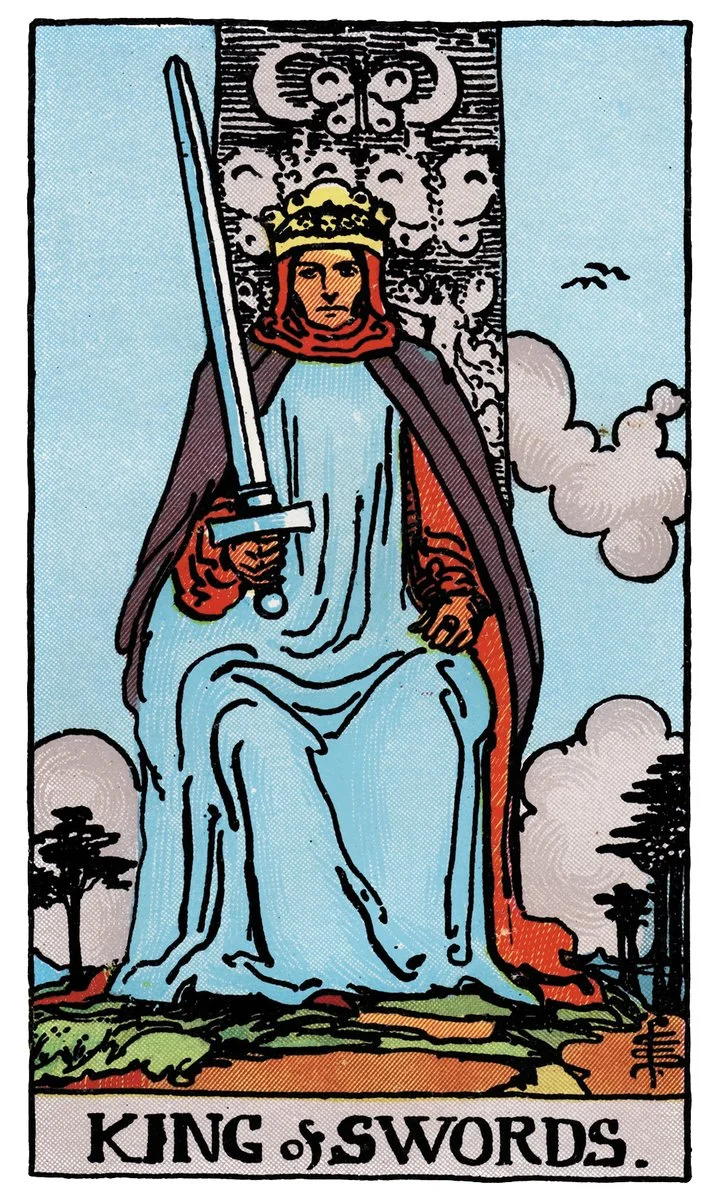 King of Swords tarot card - represents intellectual power, authority, and truth