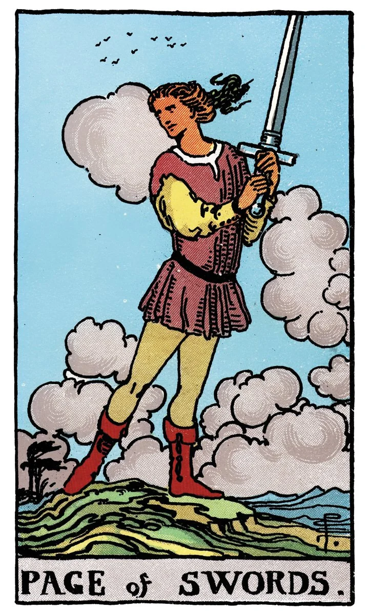 Page of Swords tarot card - represents curiosity, vigilance, and mental clarity