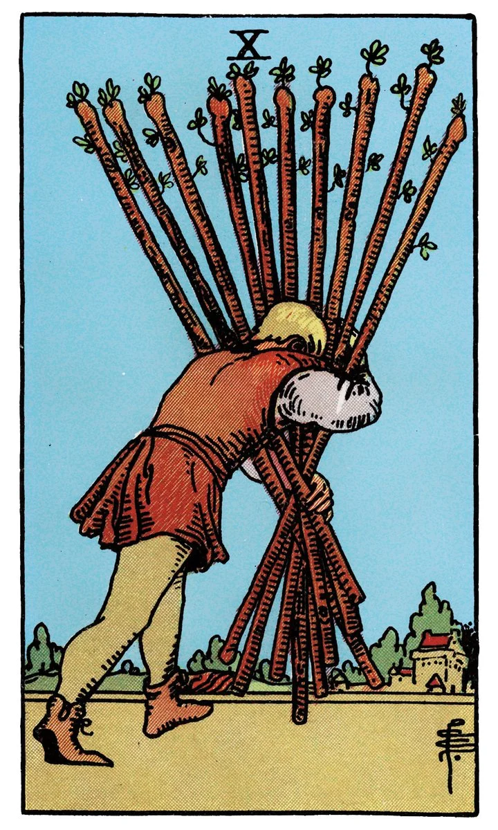 Ten of Wands tarot card - represents burden, responsibility, and hard work