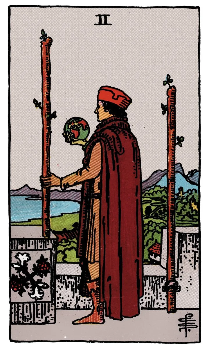 Two of Wands tarot card - represents future planning, progress, and decisions